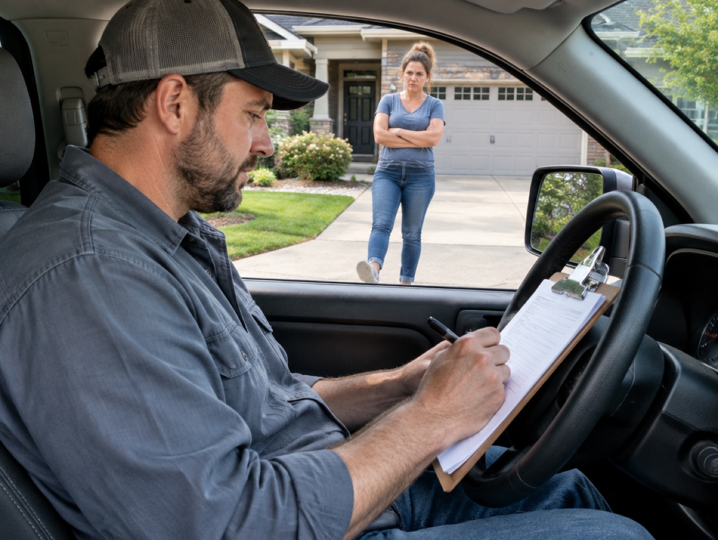 A contractor writing an estimate in his truck while the customer waits outside